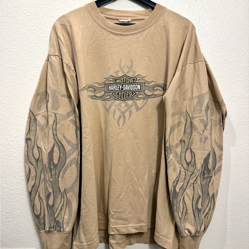 Vintage Harley Davidson Tan Tribal Flaming Grunge Skater Long Sleeve XL 25x28